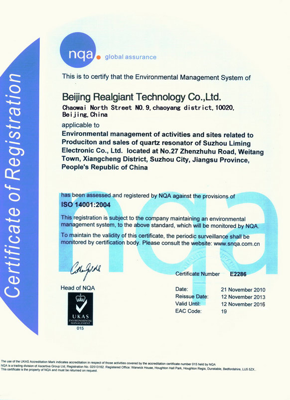Realgiant Certificate: ISO 14001